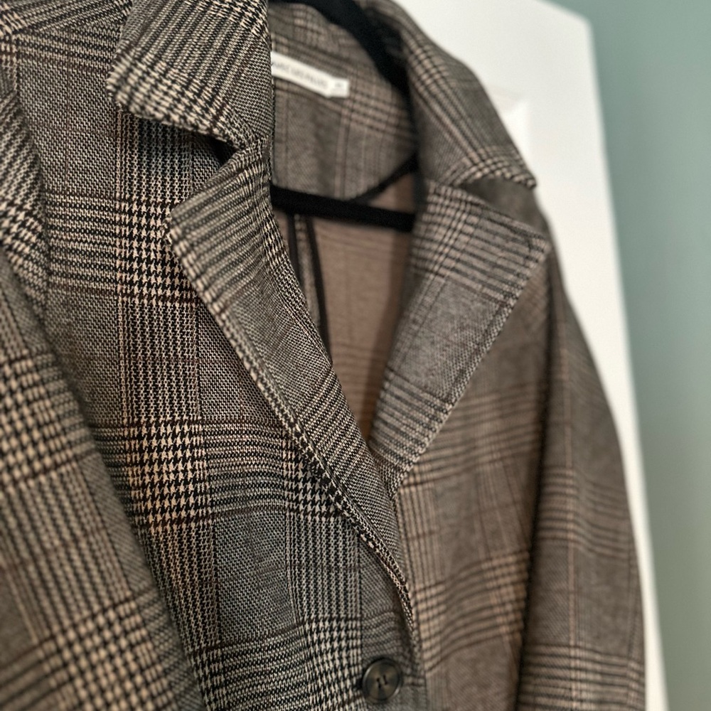 Glen Plaid Long Anthro Blazer - Grey/Cream/Black- XS- Boho Academia/Old World - Picture 6 of 11